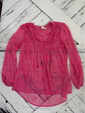Boho Fairycore Pink Sheer Roxy Long Sleeve Peasant Blouse Women’s Large
